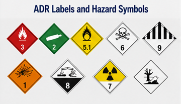 ADR hazard labels and dangerous goods warning symbols for transport operations
