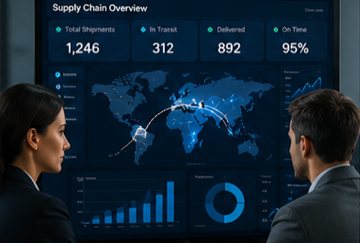 Business logistics managers monitoring supply chain shipment tracking dashboards in Europe