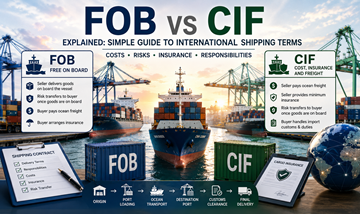 Comparison between FOB and CIF shipping terms with container ship cargo transport and international logistics operations